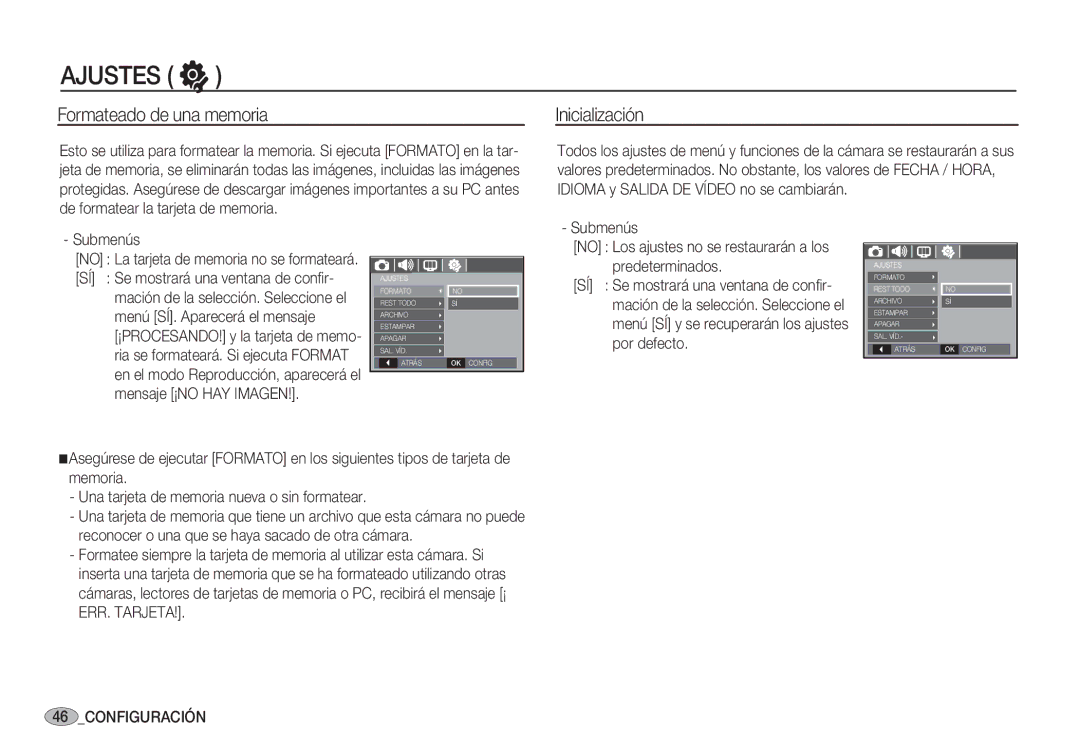 Samsung EC-S1050SBC/AS Formateado de una memoria, Inicialización, No Los ajustes no se restaurarán a los predeterminados 