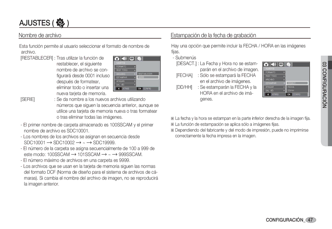 Samsung EC-S1060BDA/E3, EC-S1060SDA/E3 manual Nombre de archivo, Estampación de la fecha de grabación, Serie, Fecha, Dd/Hh 