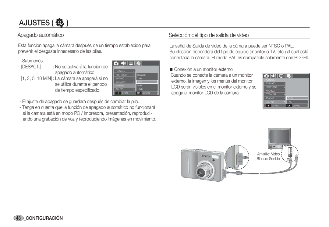 Samsung EC-S1060SDA/E3, EC-S1060BDA/E3, EC-S1050BDA/DE manual Apagado automático, Selección del tipo de salida de vídeo 