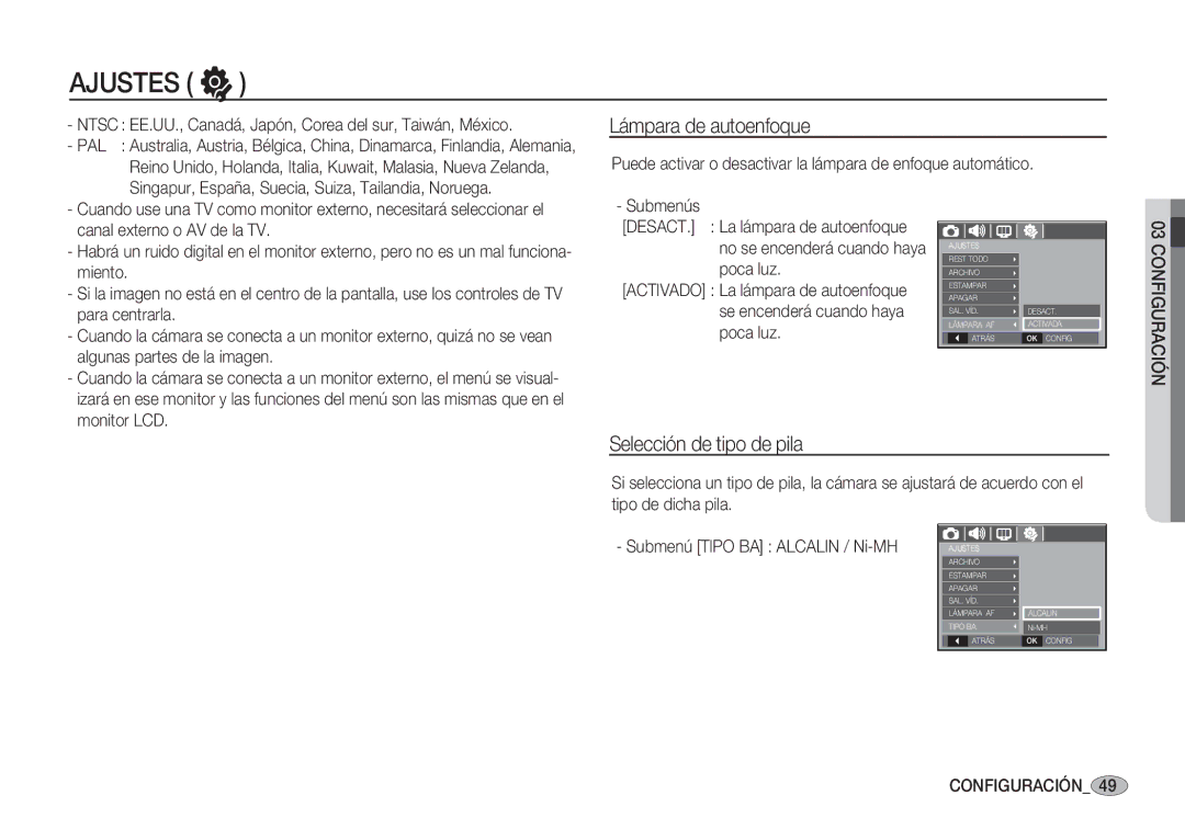 Samsung EC-S1050BDA/DE, EC-S1060BDA/E3 Lámpara de autoenfoque, Selección de tipo de pila, Submenú Tipo BA Alcalin / Ni-MH 