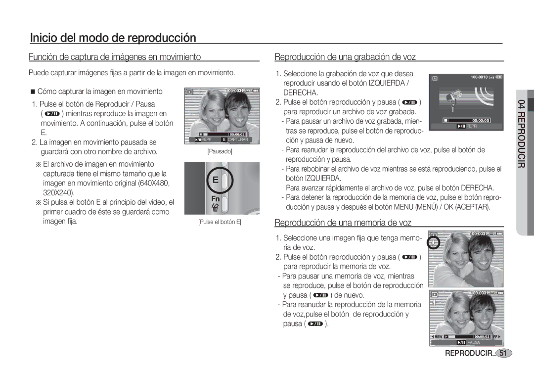 Samsung EC-S1060BBC/E1 manual Función de captura de imágenes en movimiento, Reproducción de una grabación de voz, Derecha 