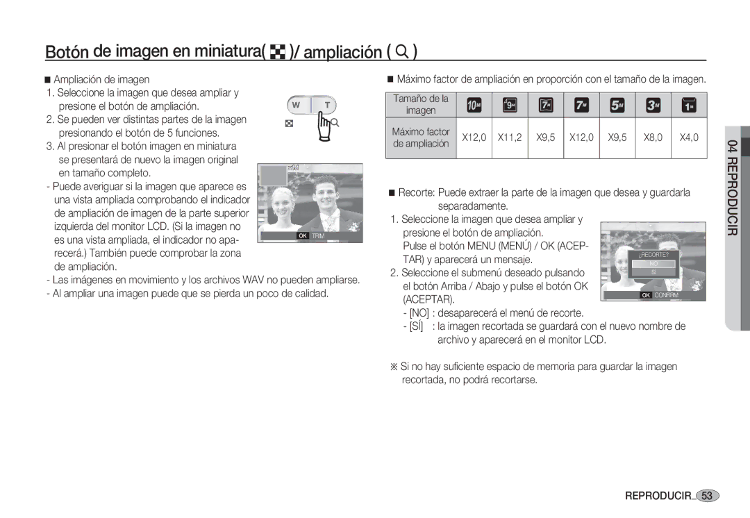 Samsung EC-S1060SBB/E1, EC-S1060BDA/E3 manual Botón de imagen en miniatura º / ampliación í, Ampliación de imagen, Aceptar 