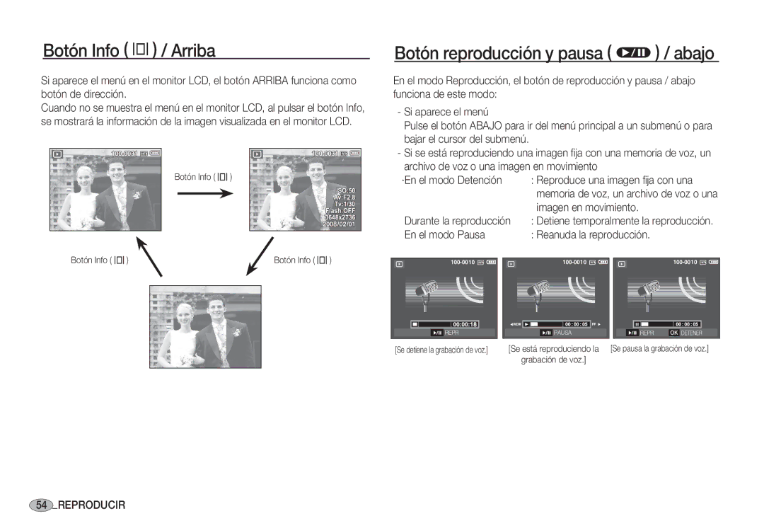 Samsung EC-S1060SBA/E1, EC-S1060BDA/E3 Botón Info î / Arriba, Botón reproducción y pausa Ø / abajo, ·En el modo Detención 