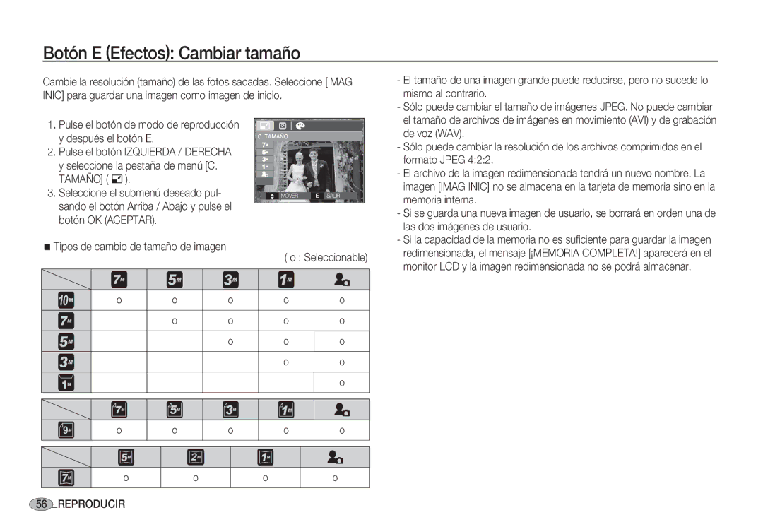 Samsung EC-S1050SBA/E1, EC-S1060BDA/E3, EC-S1060SDA/E3, EC-S1050BDA/DE, EC-S1050SDA/DE manual Botón E Efectos Cambiar tamaño 