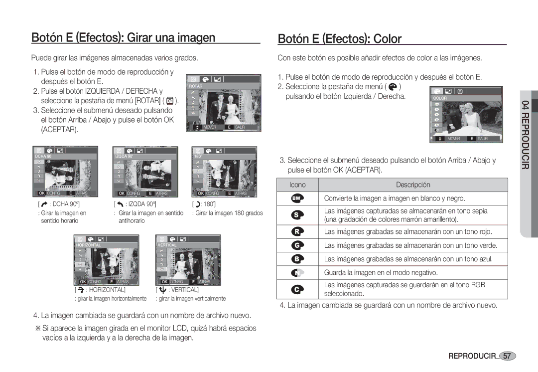 Samsung EC-S1050BDB/AS, EC-S1060BDA/E3, EC-S1060SDA/E3 manual Botón E Efectos Girar una imagen, Botón E Efectos Color 