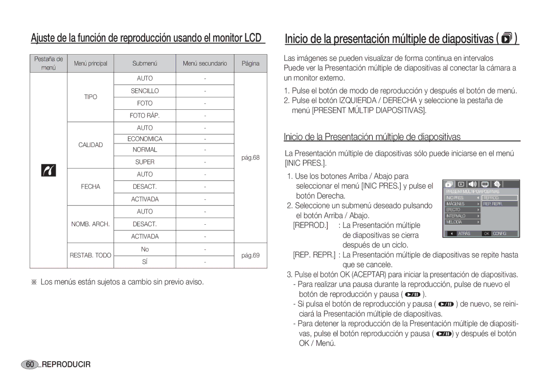 Samsung EC-S1060SDA/E3 manual Inicio de la Presentación múltiple de diapositivas, Botón Derecha, El botón Arriba / Abajo 