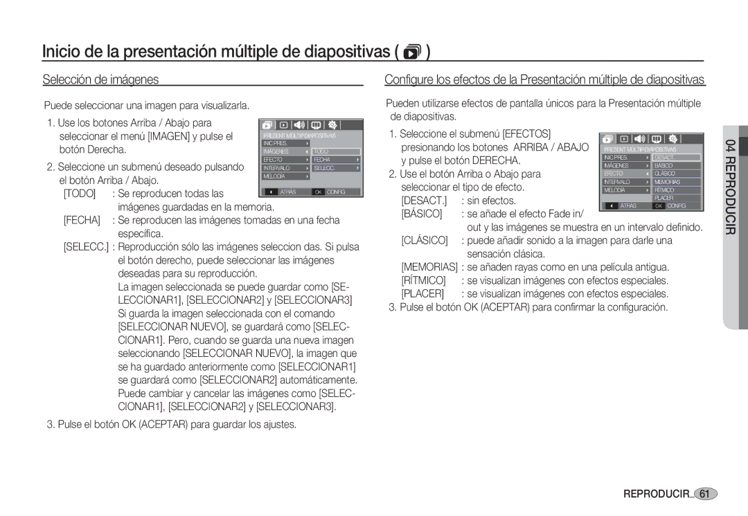 Samsung EC-S1050BDA/DE, EC-S1060BDA/E3 manual Inicio de la presentación múltiple de diapositivas , Selección de imágenes 