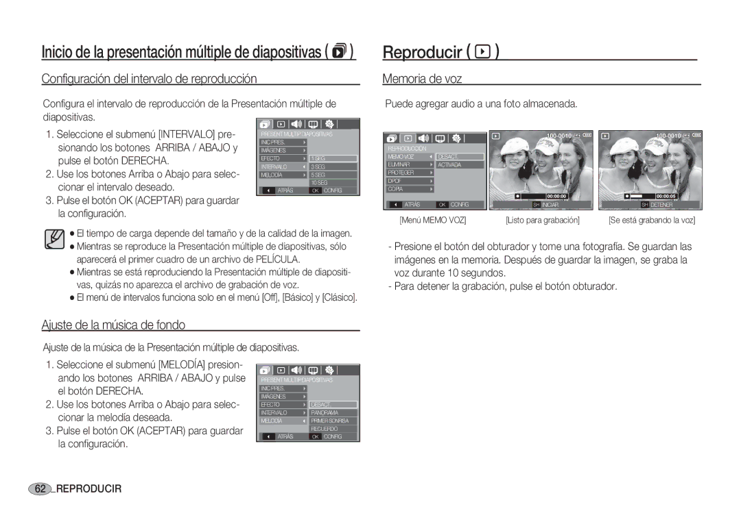 Samsung EC-S1050SDA/DE, EC-S1060BDA/E3 manual Reproducir à, Configuración del intervalo de reproducción, Memoria de voz 