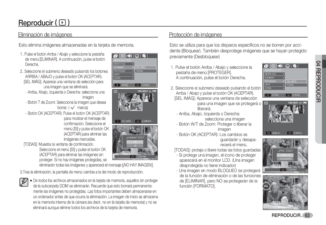 Samsung EC-S1060BBC/E1, EC-S1060BDA/E3, EC-S1060SDA/E3, EC-S1050BDA/DE manual Eliminación de imágenes, Protección de imágenes 