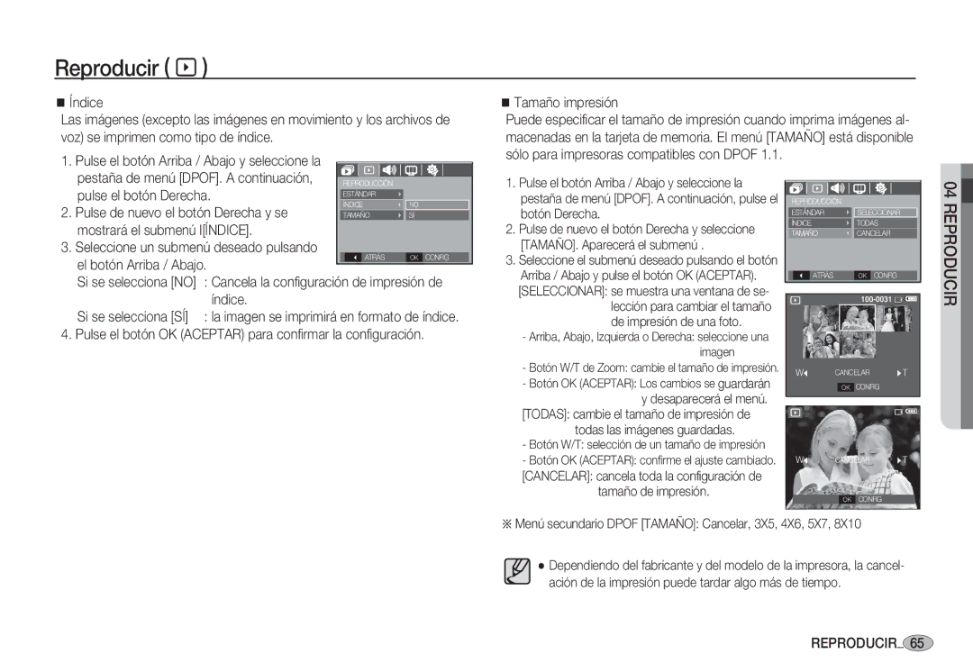 Samsung EC-S1060SBB/E1, EC-S1060BDA/E3, EC-S1060SDA/E3, EC-S1050BDA/DE Tamaño impresión, Mostrará el submenú lÍNDICE, Índice 