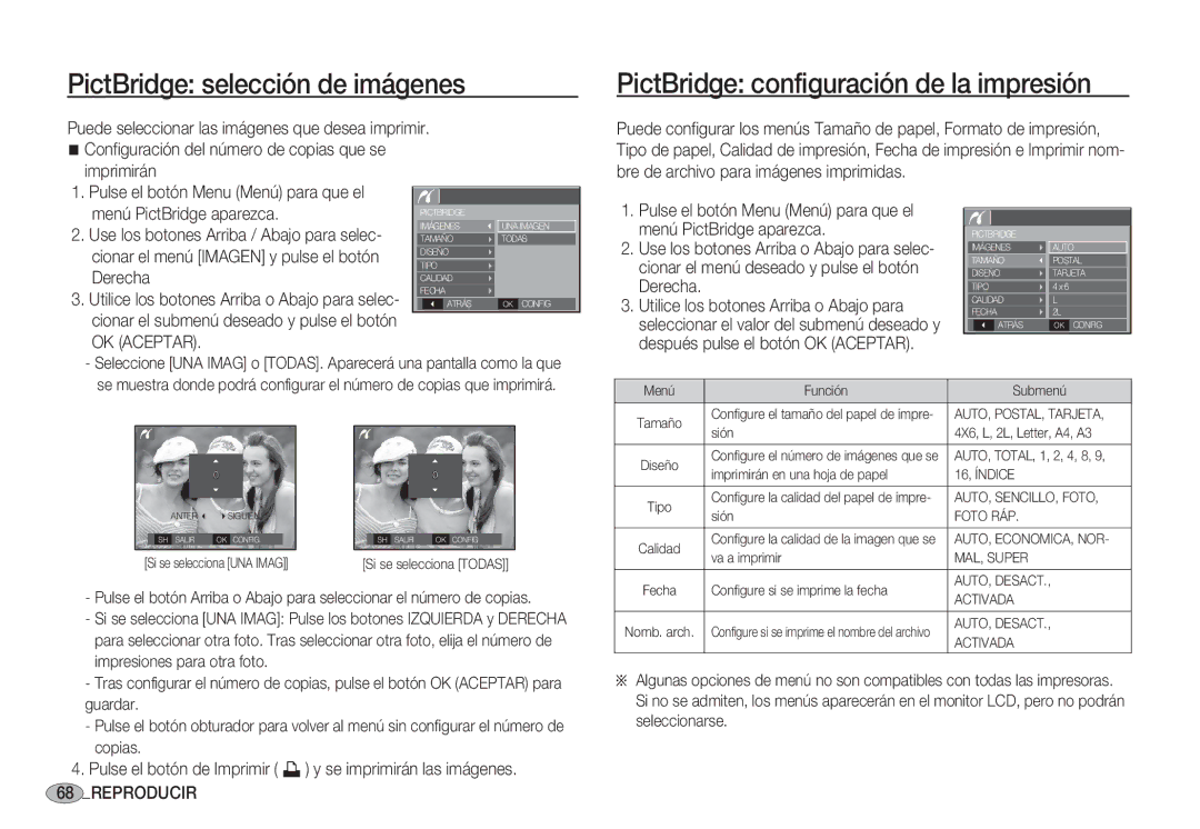 Samsung EC-S1050SBA/E1, EC-S1060BDA/E3 PictBridge selección de imágenes, PictBridge configuración de la impresión, Derecha 