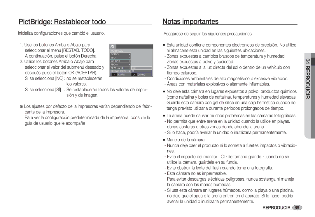 Samsung EC-S1050BDB/AS, EC-S1060BDA/E3, EC-S1060SDA/E3, EC-S1050BDA/DE manual PictBridge Restablecer todo, Notas importantes 