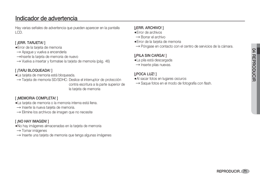 Samsung EC-S1060BDA/E3, EC-S1060SDA/E3, EC-S1050BDA/DE, EC-S1050SDA/DE, EC-S1060BBC/E1 manual Indicador de advertencia 