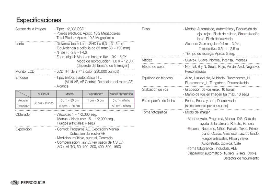 Samsung EC-S1050SDA/DE, EC-S1060BDA/E3, EC-S1060SDA/E3, EC-S1050BDA/DE, EC-S1060BBC/E1, EC-S1050BBA/E1 manual Especificaciones 