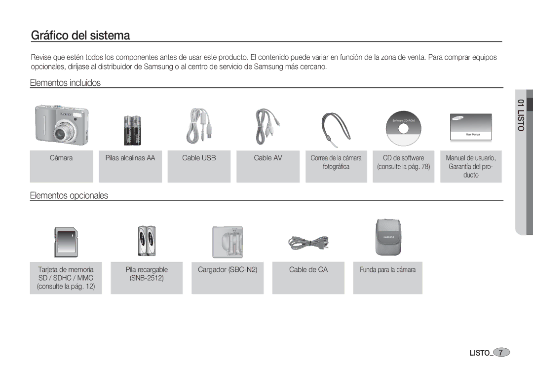 Samsung EC-S1060BBB/E1, EC-S1060BDA/E3, EC-S1060SDA/E3 Gráﬁco del sistema, Elementos incluidos, Elementos opcionales, Listo 