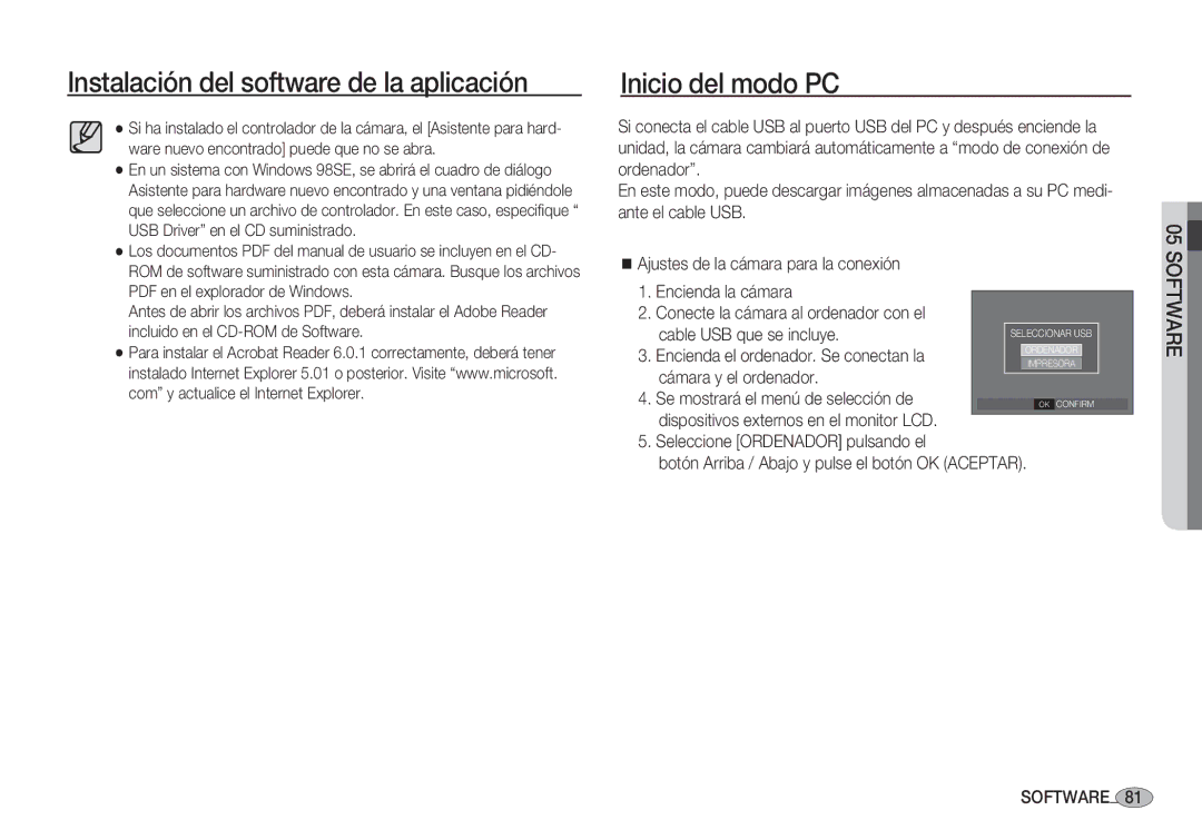 Samsung EC-S1050BDB/AS, EC-S1060BDA/E3 manual Inicio del modo PC, Cámara y el ordenador Se mostrará el menú de selección de 