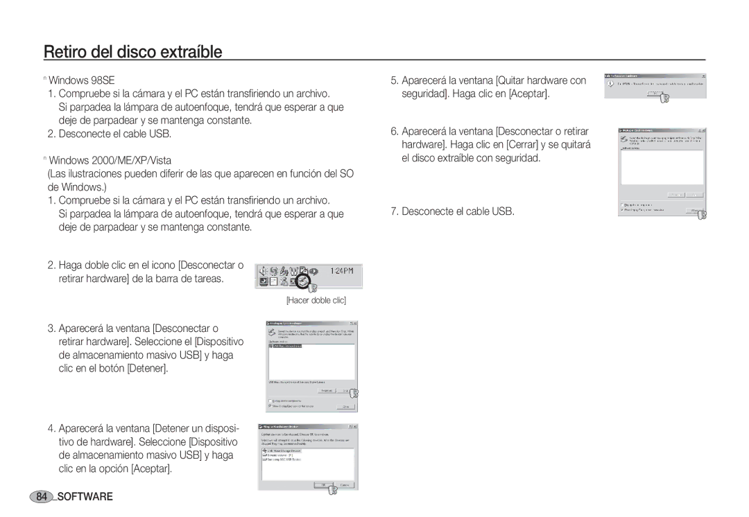 Samsung EC-S1060SDA/E3, EC-S1060BDA/E3, EC-S1050BDA/DE, EC-S1050SDA/DE Retiro del disco extraíble, Desconecte el cable USB 