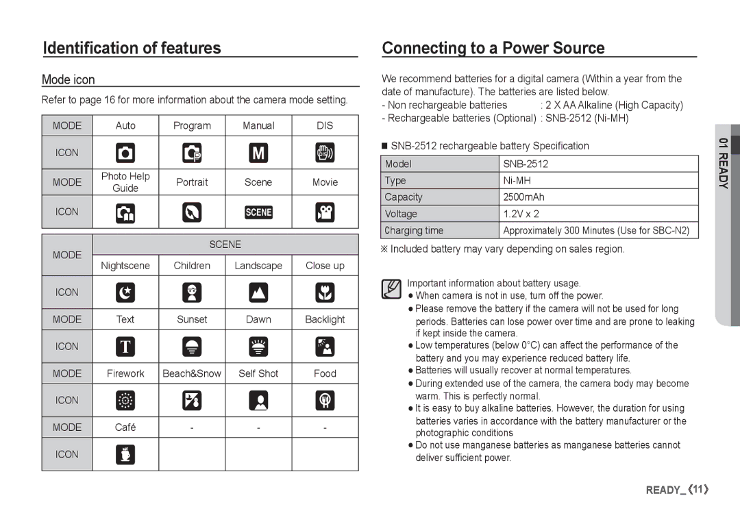 Samsung EC-S1060BBA/FR manual Connecting to a Power Source, Mode icon, Included battery may vary depending on sales region 