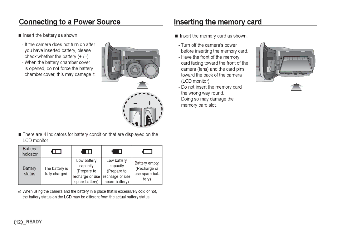 Samsung EC-S1050SFB/FR manual Inserting the memory card, Insert the battery as shown, Insert the memory card as shown 