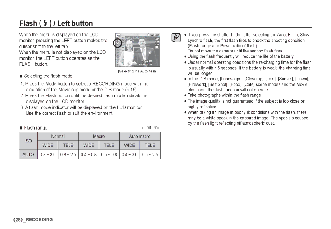 Samsung EC-S1050SFB/TR, EC-S1060BDA/E3 Flash / Left button, Selecting the ﬂash mode, Flash range, Normal Macro Auto macro 