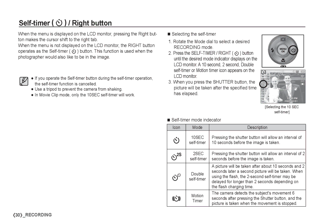 Samsung EC-S1050BDA/AS, EC-S1060BDA/E3, EC-S1060SDA/E3, EC-S1060SBA/E2 Self-timer / Right button, Self-timer mode indecator 