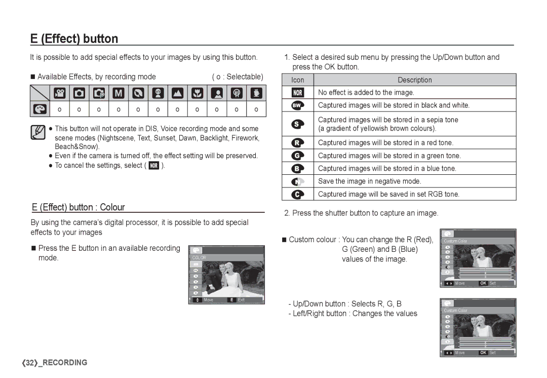 Samsung EC-S1060SDB/AS manual † Š ‰, Effect button Colour, Available Effects, by recording mode o Selectable, Mode 