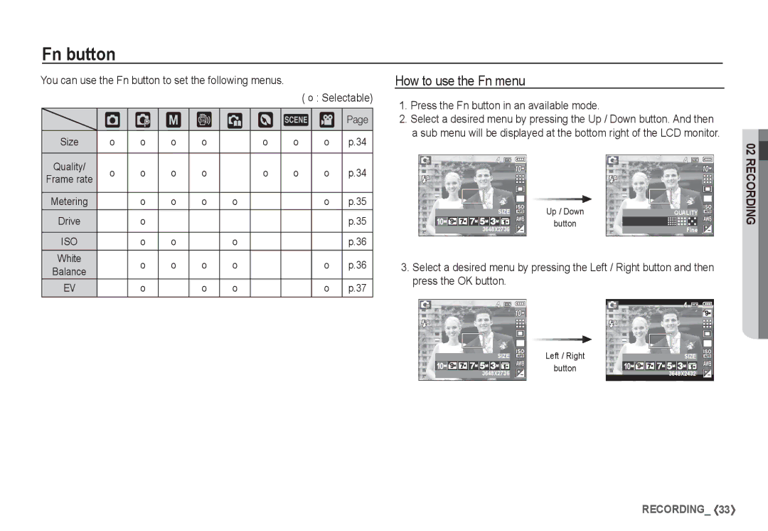 Samsung EC-S1050SHC/AS manual ‰ ÿ, How to use the Fn menu, You can use the Fn button to set the following menus 