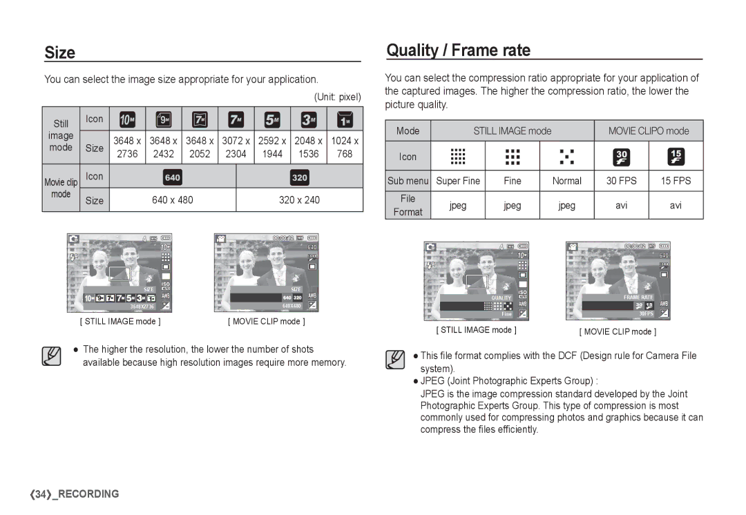 Samsung EC-S1050SBA/TR, EC-S1060BDA/E3, EC-S1060SDA/E3, EC-S1060SBA/E2, EC-S1050BDA/DE manual Size, Quality / Frame rate 