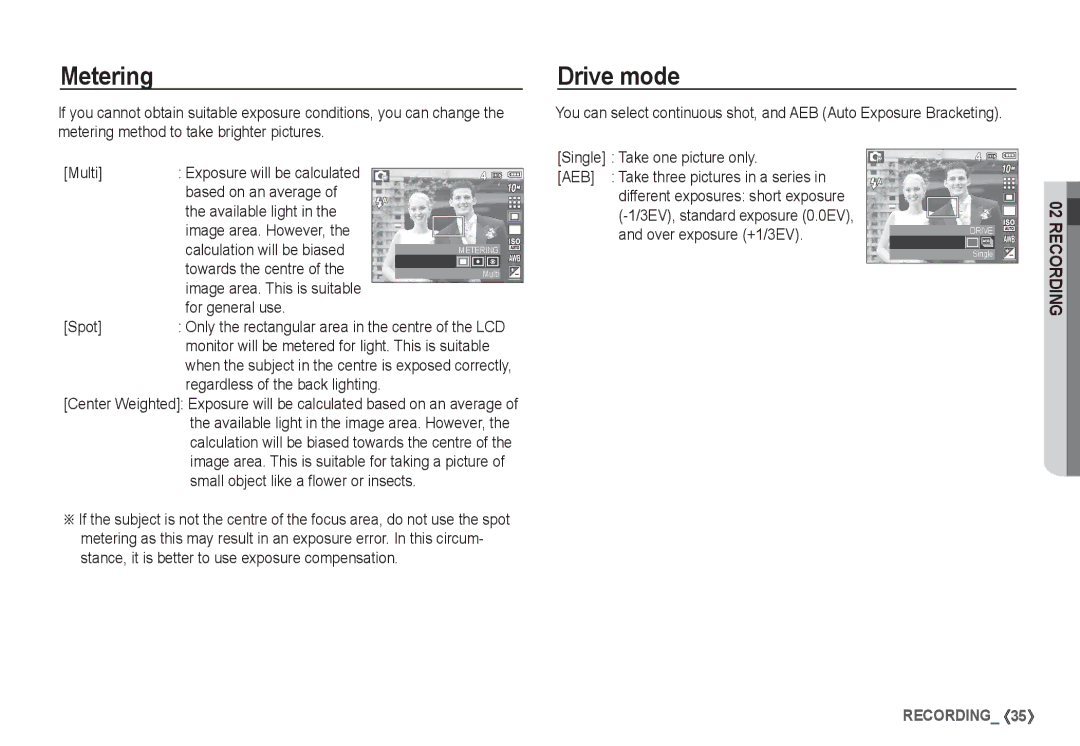 Samsung EC-S1050SBA/AS manual Metering, Drive mode, Towards the centre, Image area. This is suitable For general use Spot 