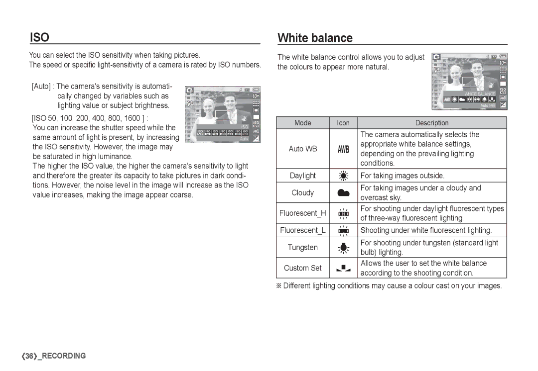 Samsung EC-S1050BBB/AS, EC-S1060BDA/E3, EC-S1060SDA/E3, EC-S1060SBA/E2, EC-S1050BDA/DE, EC-S1060S01KFR manual White balance 