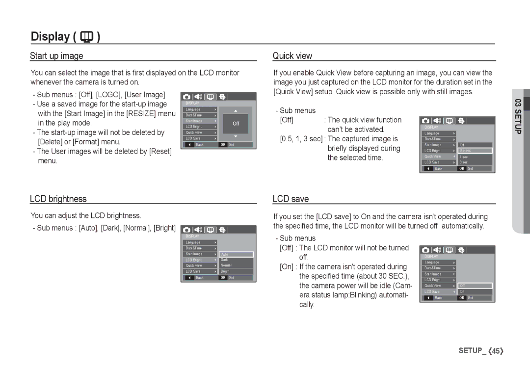 Samsung EC-S1060SDA/AS, EC-S1060BDA/E3, EC-S1060SDA/E3, EC-S1060SBA/E2 Start up image, Quick view, LCD brightness, LCD save 