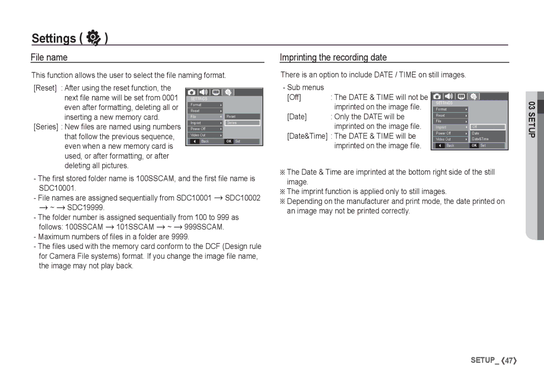 Samsung EC-S1060SBA/VN, EC-S1060BDA/E3 File name Imprinting the recording date, Sub menus Off, Date Only the Date will be 