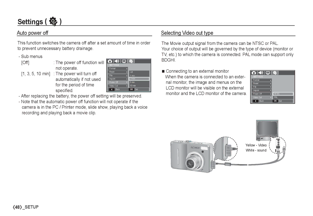 Samsung EC-S1060SDC/AS, EC-S1060BDA/E3, EC-S1060SDA/E3, EC-S1060SBA/E2 manual Auto power off, Selecting Video out type 