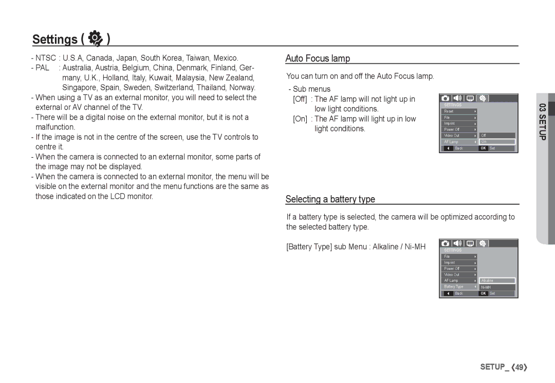 Samsung EC-S1060BBA/RU, EC-S1060BDA/E3, EC-S1060SDA/E3, EC-S1060SBA/E2 manual Auto Focus lamp, Selecting a battery type 