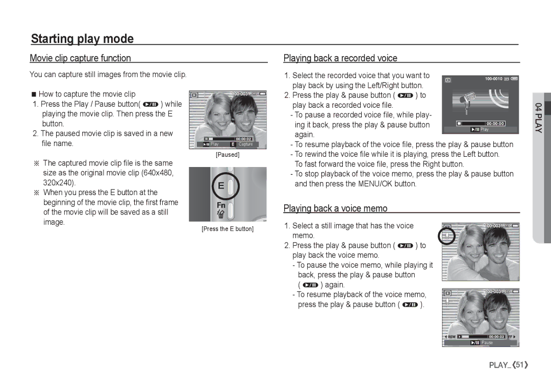 Samsung EC-S1050SFG/E2 manual Movie clip capture function, Playing back a recorded voice, Playing back a voice memo 