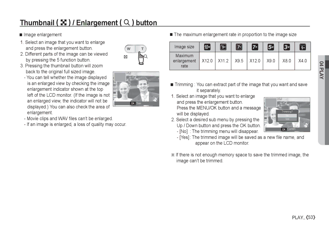 Samsung EC-S1050SBC/E2 Thumbnail º / Enlargement í button, Image enlargement, An enlarged view, the indicator will not be 