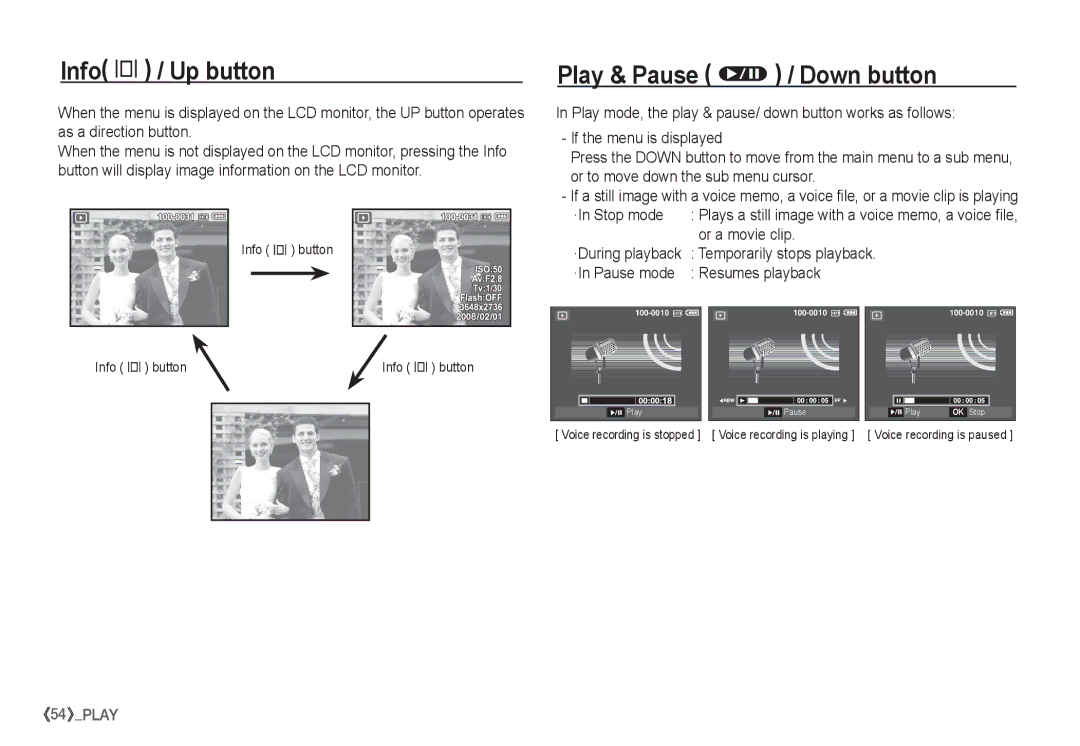 Samsung EC-S1060BBB/RU, EC-S1060BDA/E3, EC-S1060SDA/E3, EC-S1060SBA/E2 manual Info î / Up button, Play & Pause Ø / Down button 