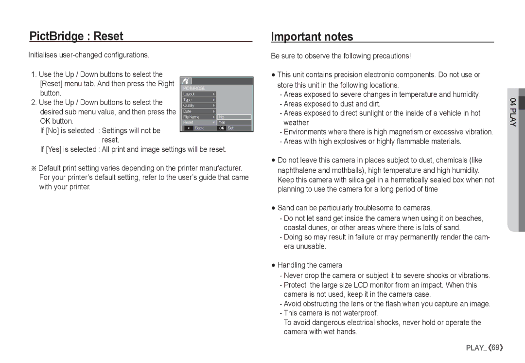 Samsung EC-S1050BDA/DE, EC-S1060BDA/E3, EC-S1060SDA/E3, EC-S1060SBA/E2, EC-S1060S01KFR manual PictBridge Reset, Important notes 