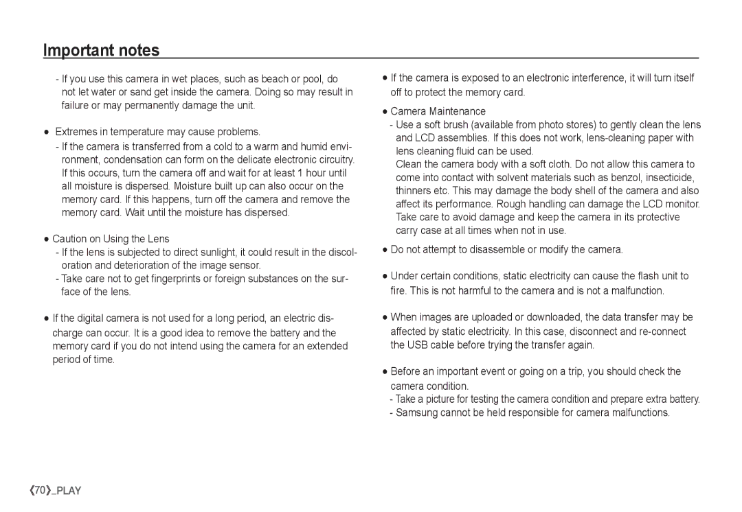 Samsung EC-S1060S01KFR Extremes in temperature may cause problems, Do not attempt to disassemble or modify the camera 