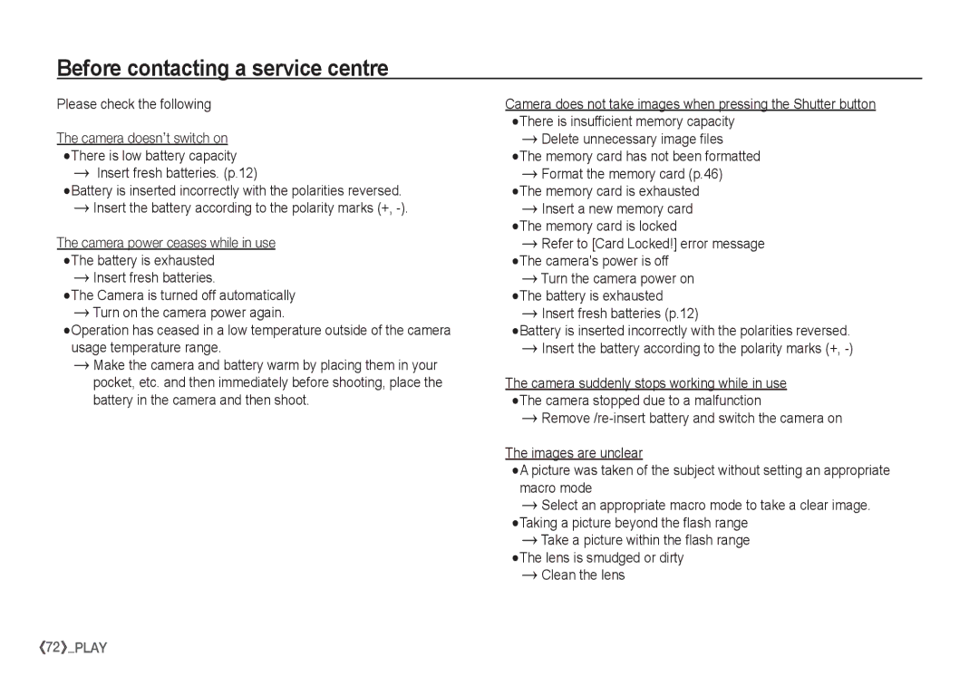 Samsung EC-S1050SBA/FR manual Before contacting a service centre, Please check the following, Insert fresh batteries. p.12 