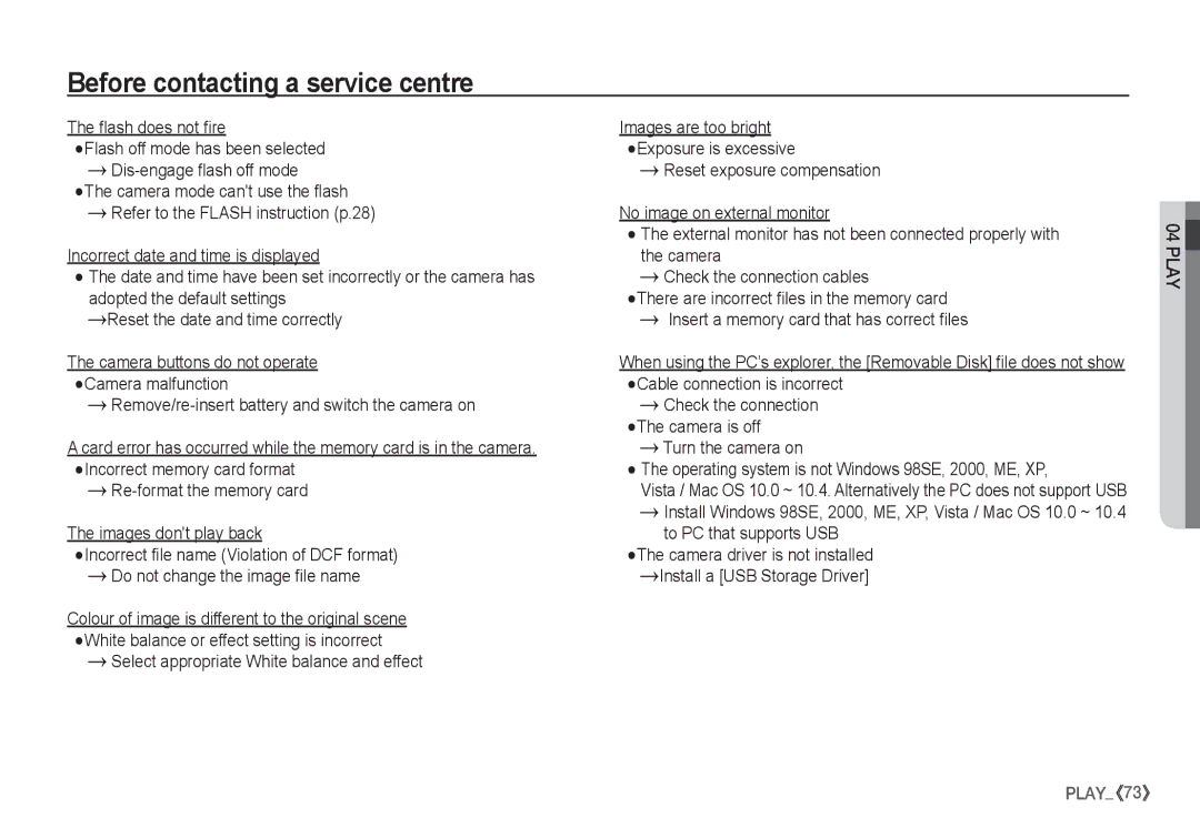 Samsung EC-S1060BBA/E2, EC-S1060BDA/E3, EC-S1060SDA/E3, EC-S1060SBA/E2, EC-S1050BDA/DE Check the connection The camera is off 