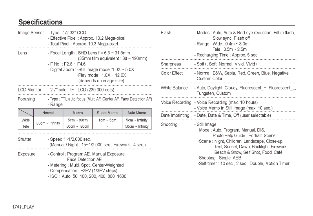 Samsung EC-S1050BBA/FR, EC-S1060BDA/E3, EC-S1060SDA/E3, EC-S1060SBA/E2, EC-S1050BDA/DE, EC-S1060S01KFR manual Specifications 