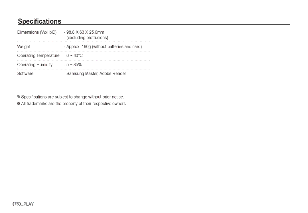 Samsung EC-S1060B01KFR, EC-S1060BDA/E3, EC-S1060SDA/E3, EC-S1060SBA/E2, EC-S1050BDA/DE manual ~ 40C, Operating Temperature 