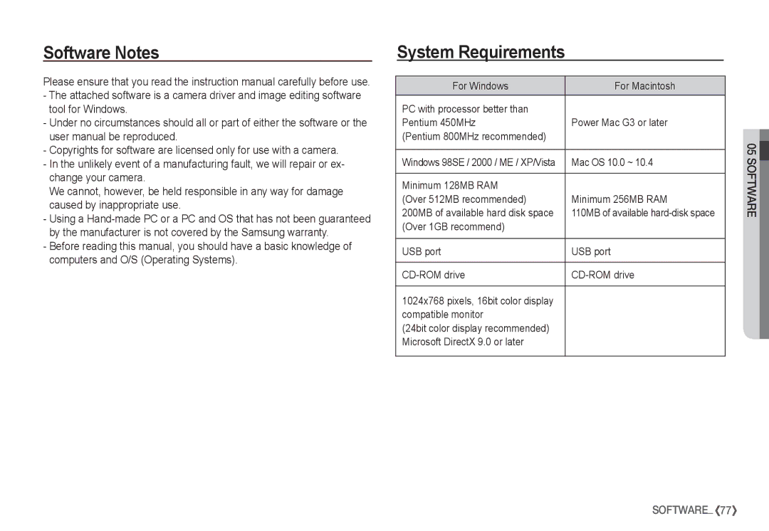 Samsung EC-S1050SDA/DE, EC-S1060BDA/E3, EC-S1060SDA/E3, EC-S1060SBA/E2, EC-S1050BDA/DE Software Notes, System Requirements 