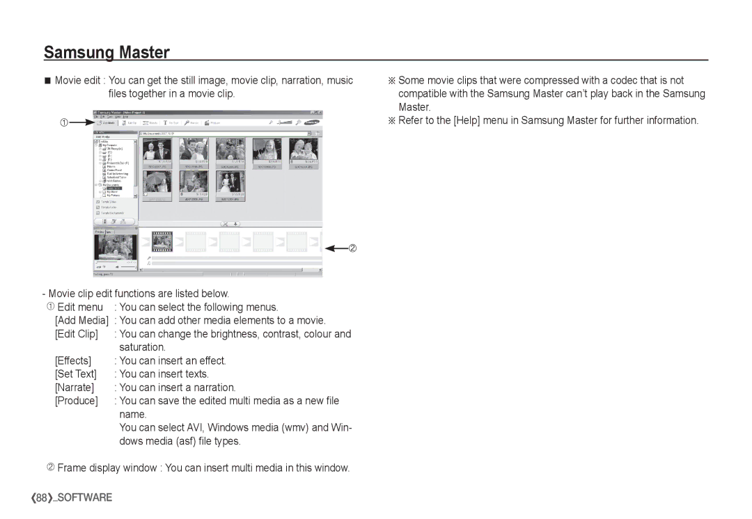 Samsung EC-S1050SFB/IT, EC-S1060BDA/E3, EC-S1060SDA/E3 manual Edit Clip, Saturation, Name, Dows media asf file types 