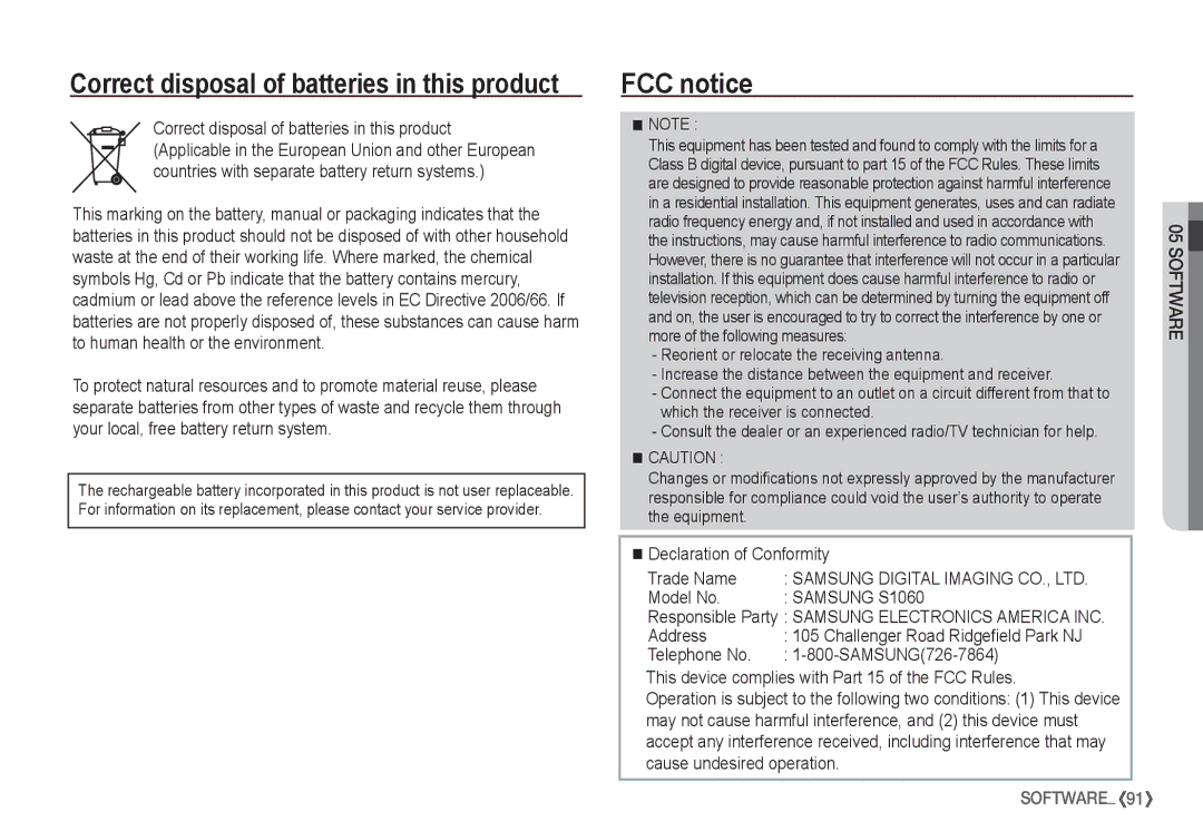 Samsung EC-S1050SBA/E1, EC-S1060BDA/E3, EC-S1060SDA/E3 FCC notice, Declaration of Conformity Trade Name Model No, Address 