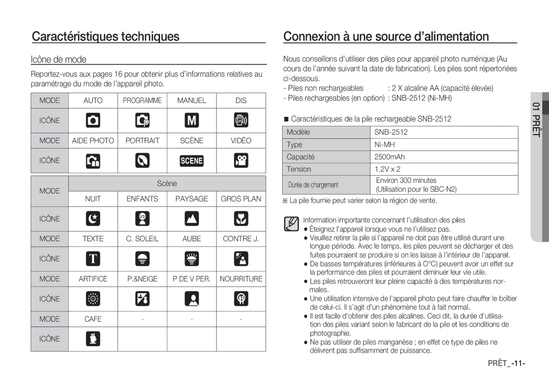 Samsung EC-S1060BBA/FR, EC-S1060BDA/E3, EC-S1060SDA/E3 manual Connexion à une source d’alimentation, Icône de mode, Scène 