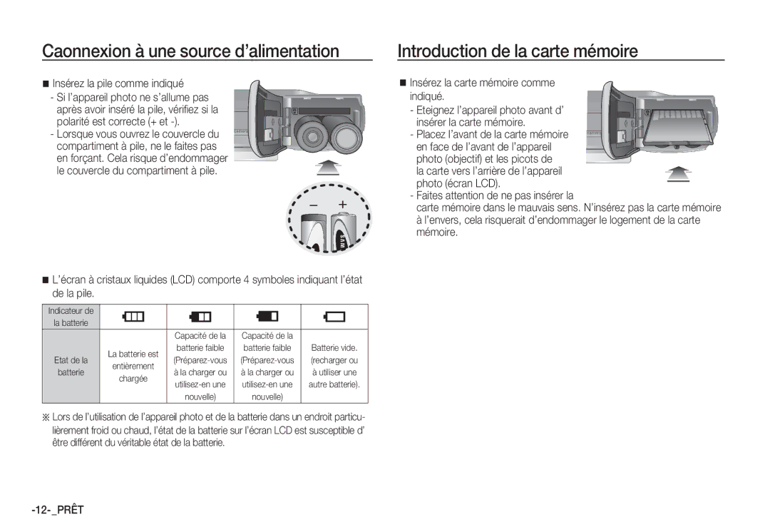 Samsung EC-S1050SFB/FR, EC-S1060BDA/E3 manual Caonnexion à une source d’alimentation, Introduction de la carte mémoire 