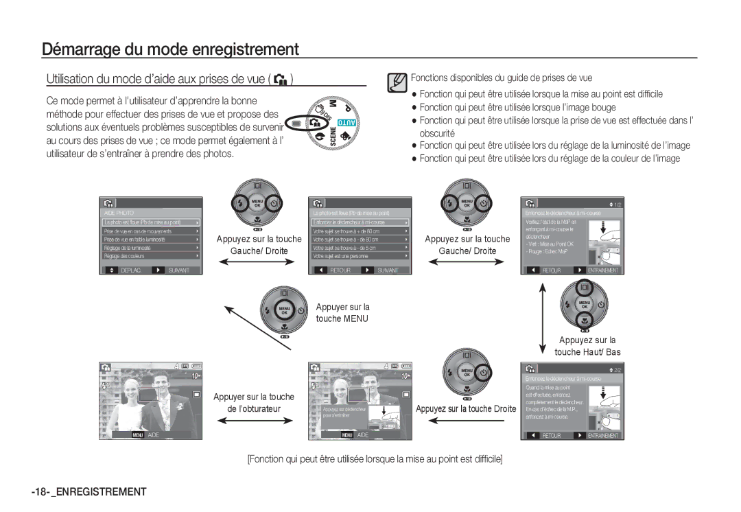 Samsung EC-S1060S01KFR Utilisation du mode d’aide aux prises de vue `, Fonctions disponibles du guide de prises de vue 