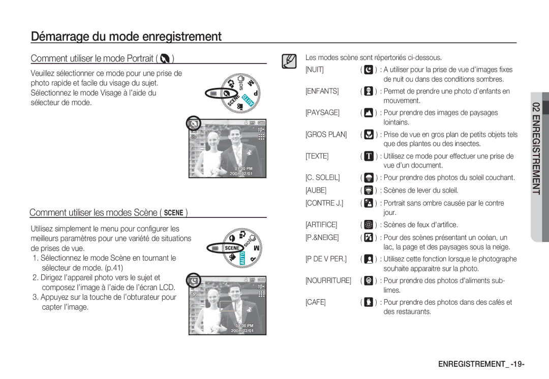 Samsung EC-S1050SBB/E2 manual Comment utiliser le mode Portrait, Comment utiliser les modes Scène, Sélecteur de mode. p.41 